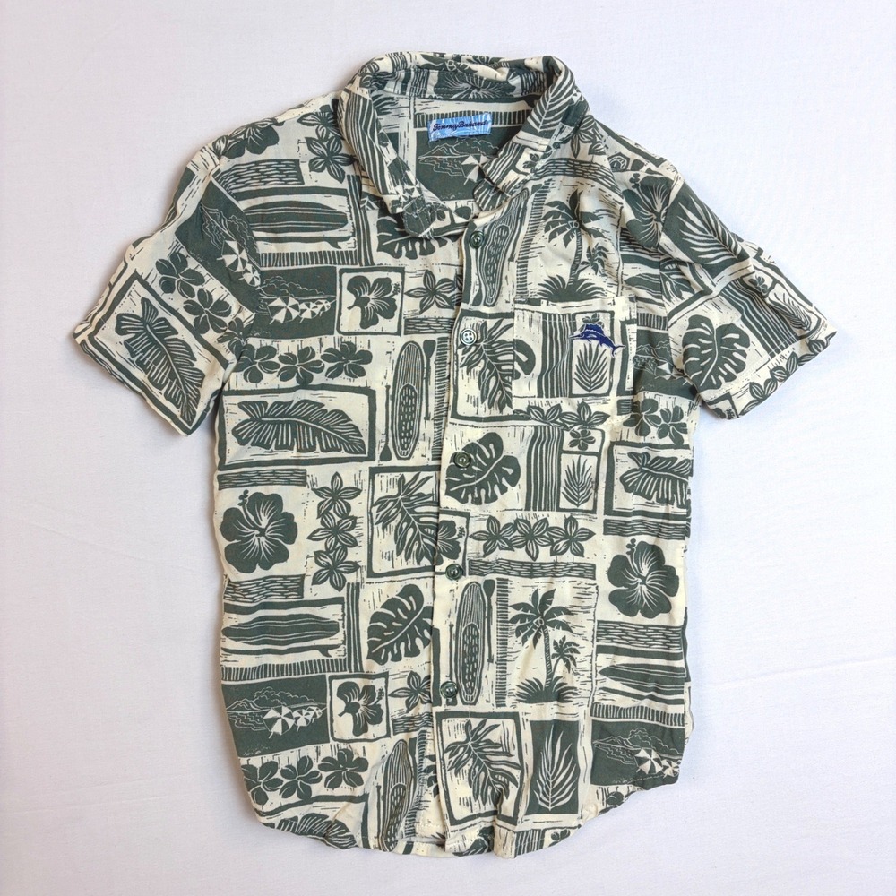 Tommy Bahama Boys Green Tropical Hibiscus Surfboard‎ Rayon Button Down Shirt 6